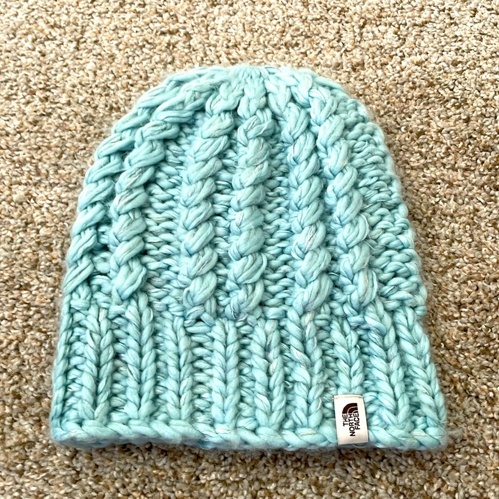 NORTHFACE light teal chunky knit hat, longer on top or can fold down.